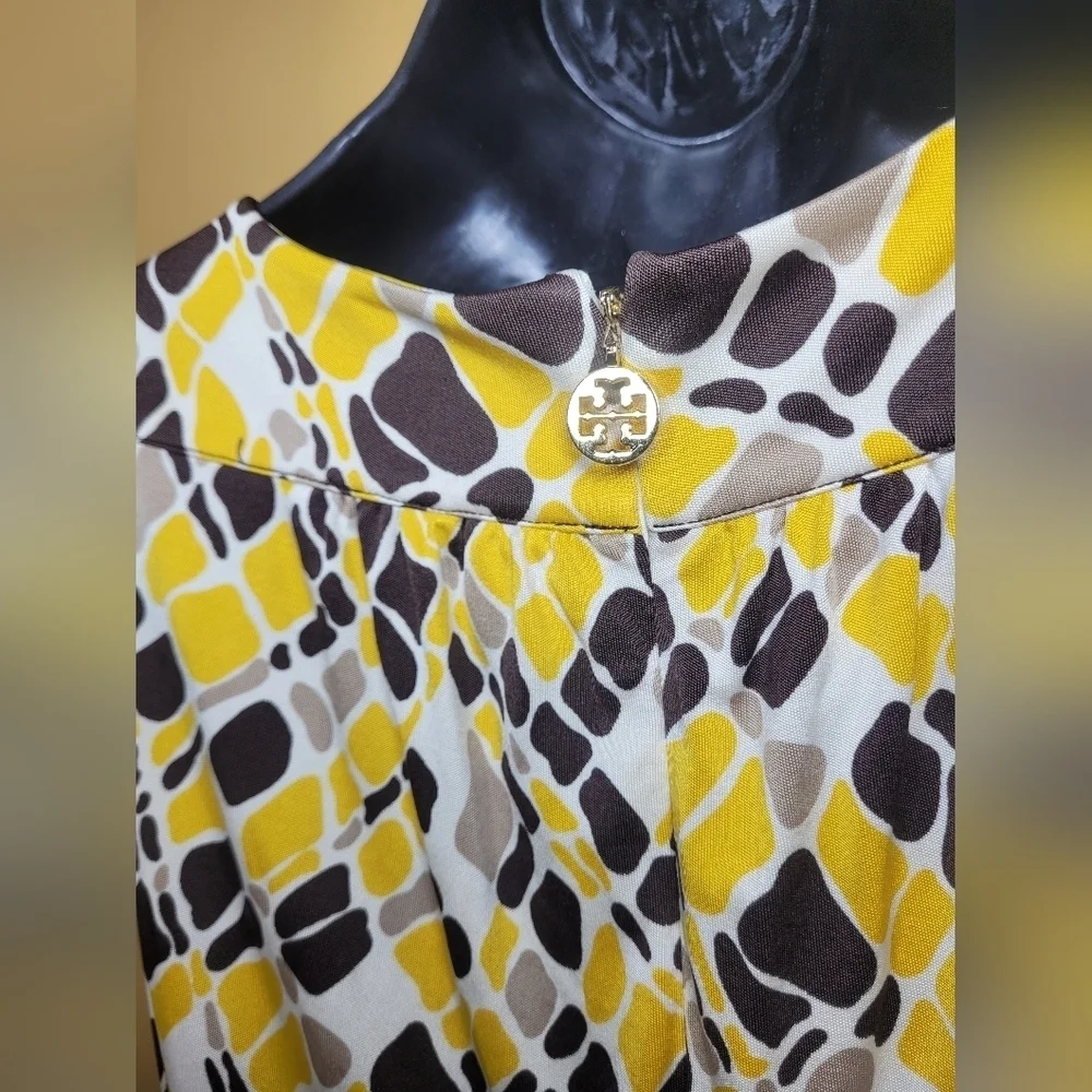 Tory Burch 100% Silk Abstract Geometric Yellow and Brown Print Dress sz S